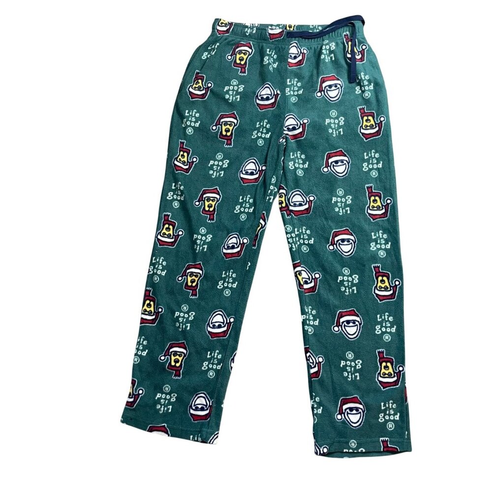 Life‎ Is Good Fleece Pajama Pants Men's Medium Holiday Santa Dog Green Pockets